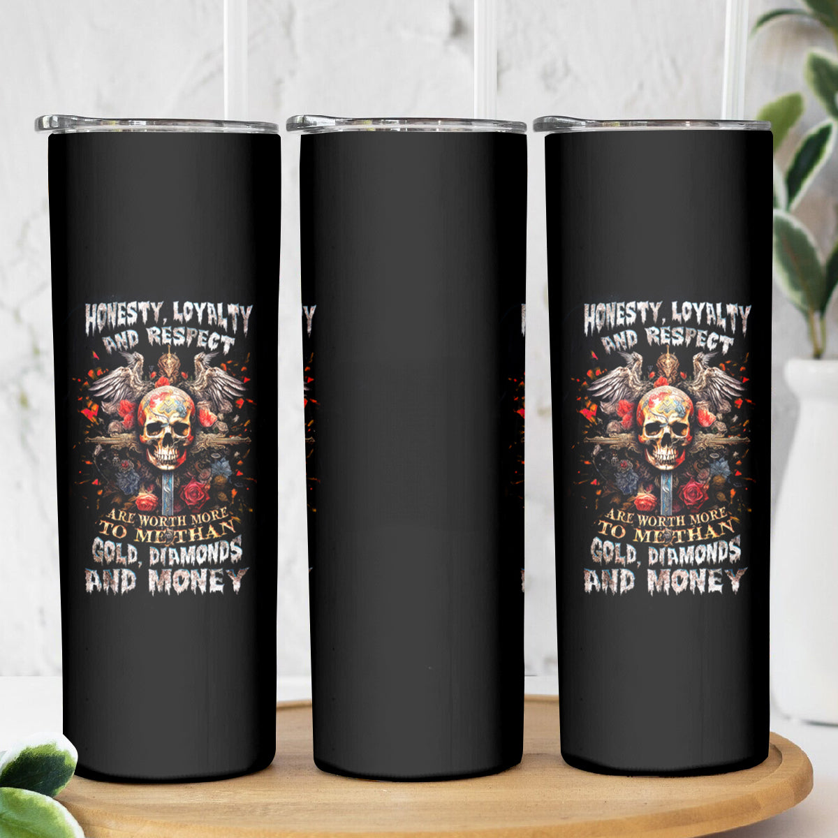 Cross Skull Skinny Tumbler Honesty Loyalty And Respect Worth More Than Gold, Diamond - Wonder Print Shop