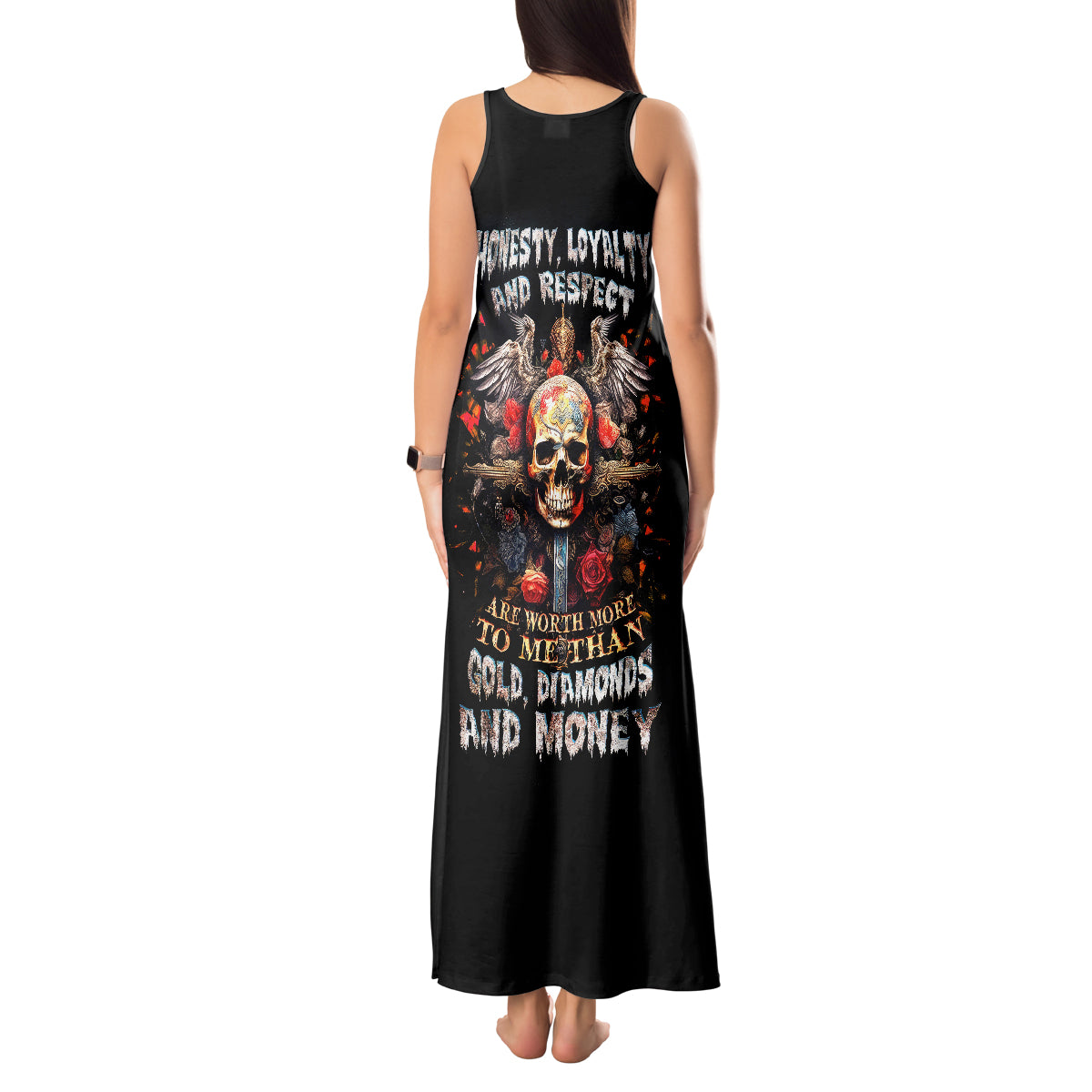 Cross Skull Tank Maxi Dress Honesty Loyalty And Respect Worth More Than Gold, Diamond - Wonder Print Shop