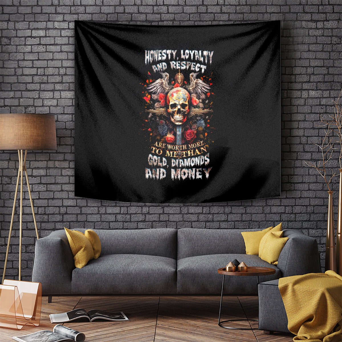 Cross Skull Tapestry Honesty Loyalty And Respect Worth More Than Gold, Diamond - Wonder Print Shop