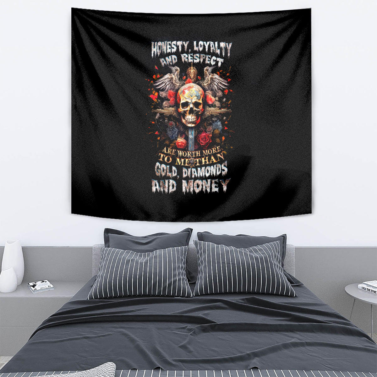 Cross Skull Tapestry Honesty Loyalty And Respect Worth More Than Gold, Diamond - Wonder Print Shop