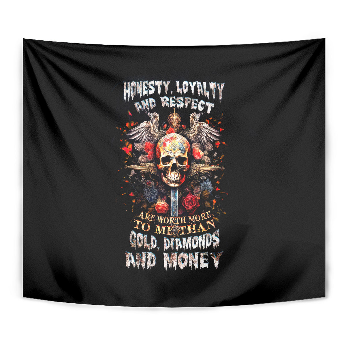 Cross Skull Tapestry Honesty Loyalty And Respect Worth More Than Gold, Diamond - Wonder Print Shop