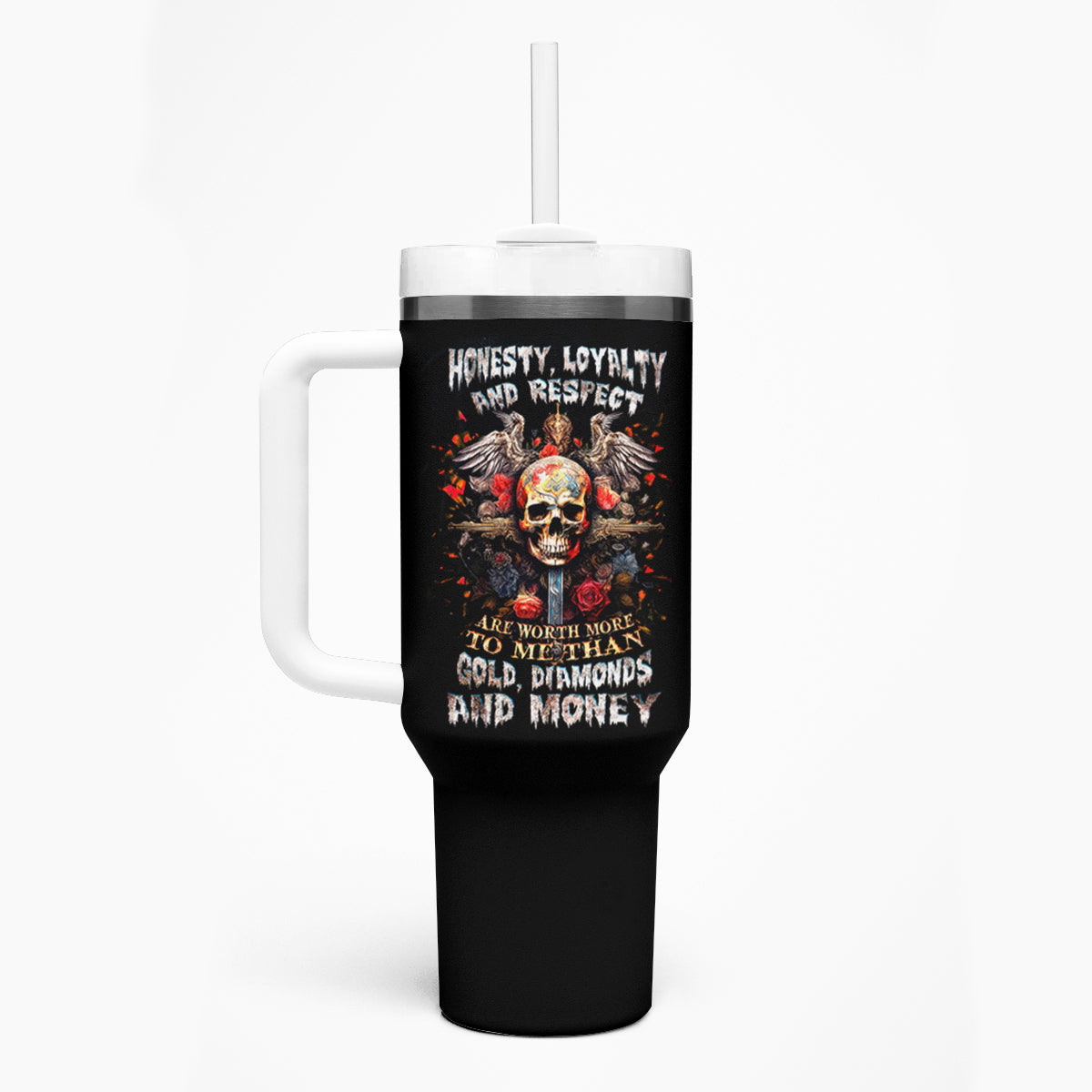 Cross Skull Tumbler With Handle Honesty Loyalty And Respect Worth More Than Gold, Diamond - Wonder Print Shop