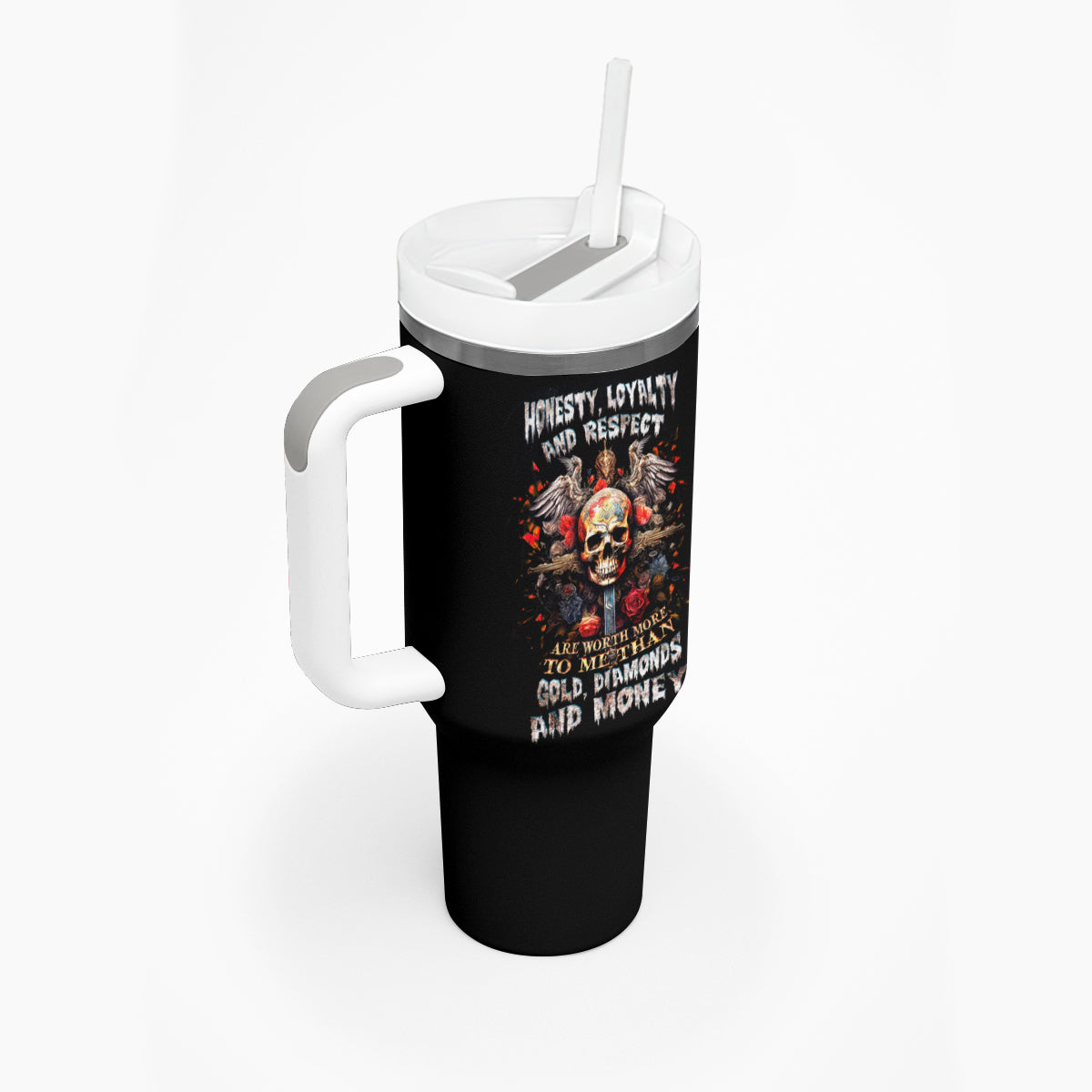 Cross Skull Tumbler With Handle Honesty Loyalty And Respect Worth More Than Gold, Diamond - Wonder Print Shop