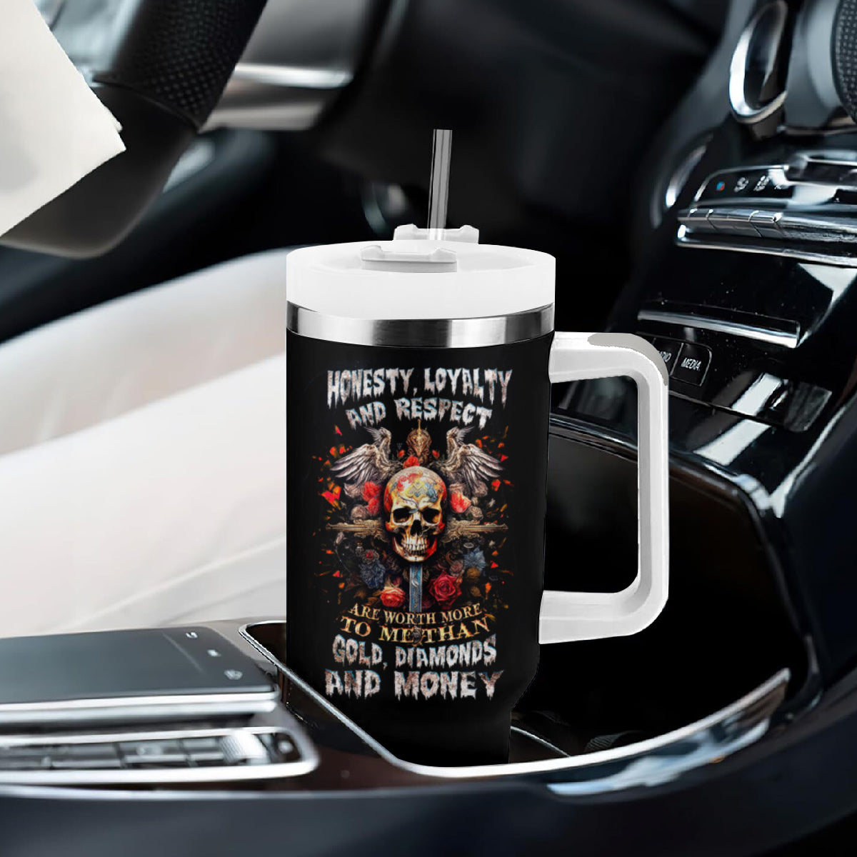 Cross Skull Tumbler With Handle Honesty Loyalty And Respect Worth More Than Gold, Diamond - Wonder Print Shop