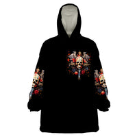 Black wearable blanket hoodie front, skull cross graphic with colorful sleeve print and hood