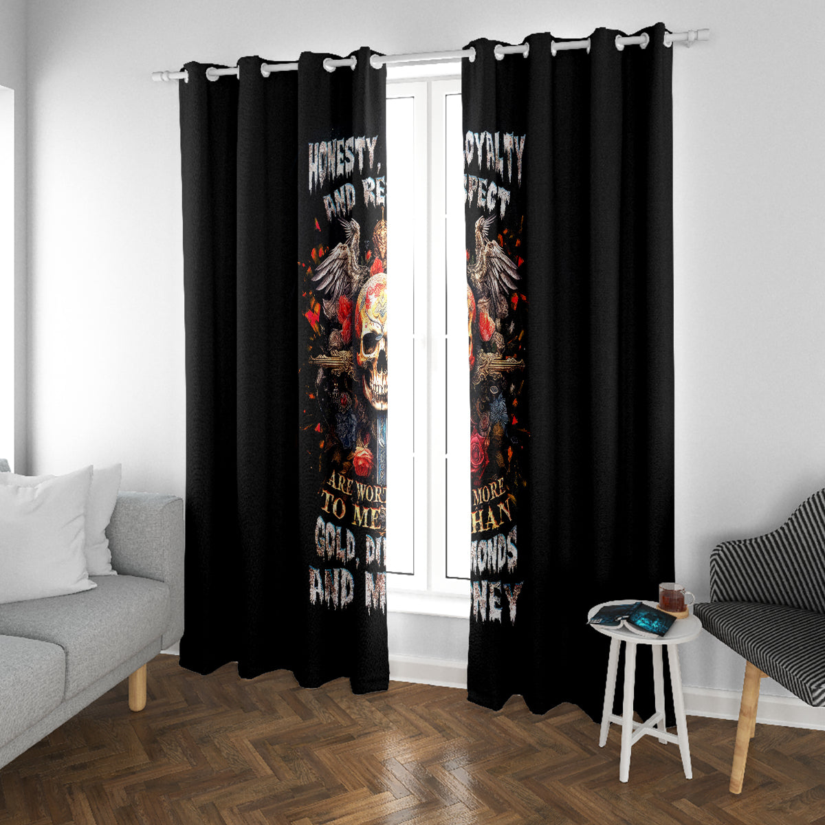 Cross Skull Window Curtain Honesty Loyalty And Respect Worth More Than Gold, Diamond - Wonder Print Shop