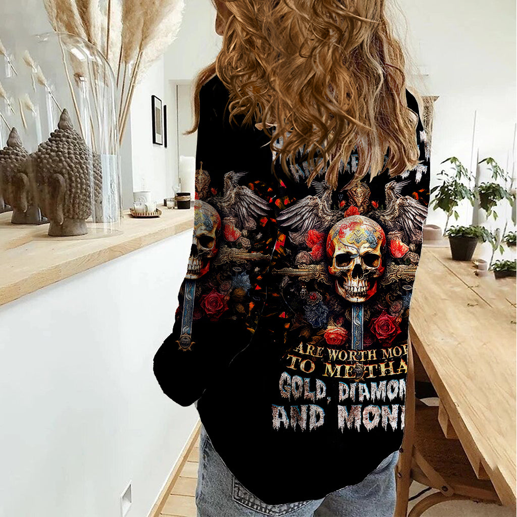 Cross Skull Women Casual Shirt Honesty Loyalty And Respect Worth More Than Gold, Diamond - Wonder Print Shop