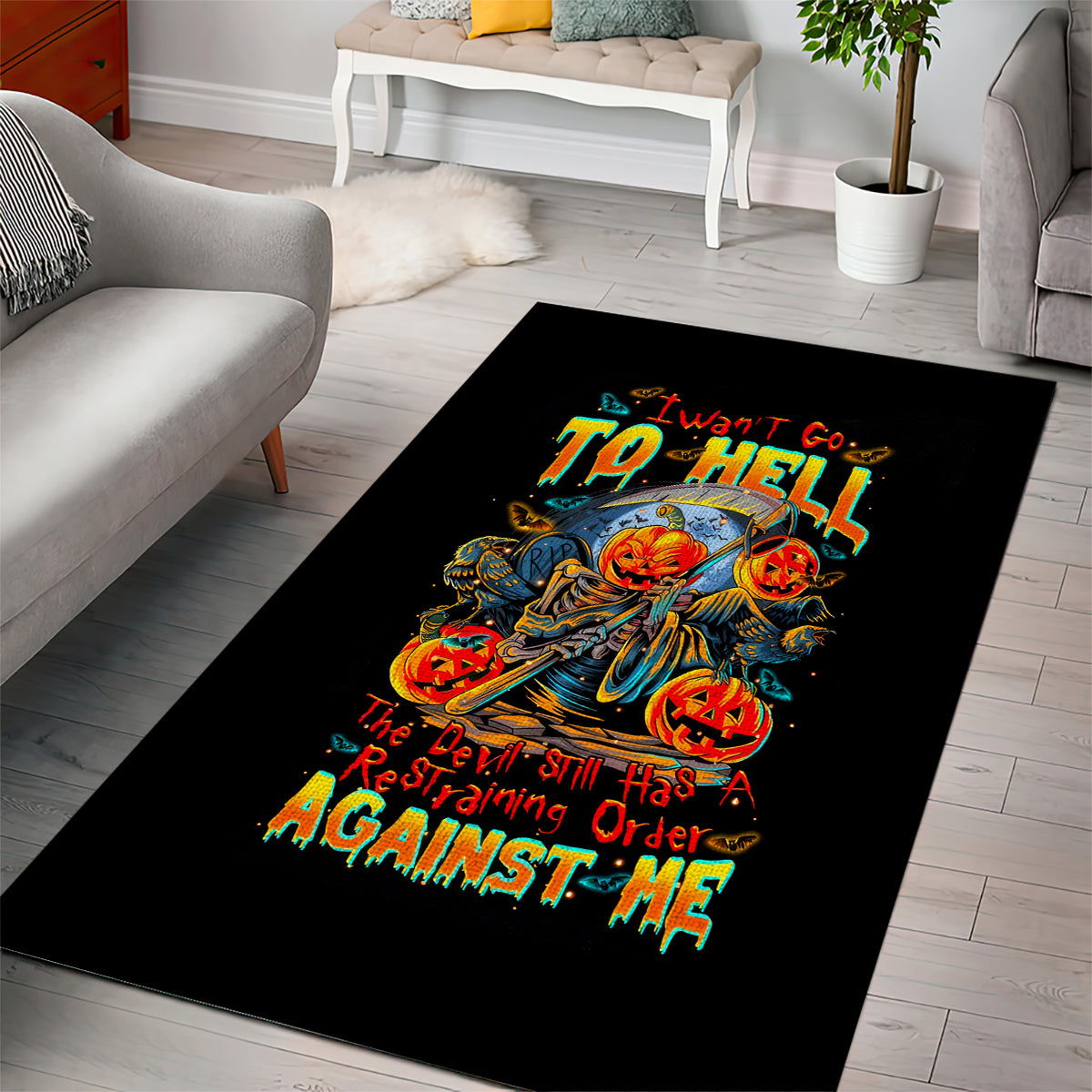 Pumpkin Skull Area Rug I Wan't Go To Hell The Devil Still Restraining Against Me - Wonder Print Shop