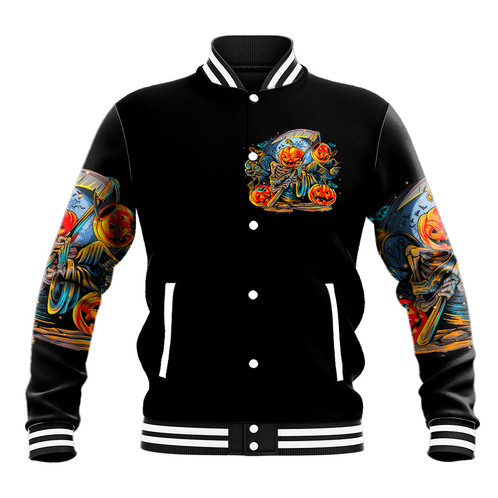 Pumpkin Skull Baseball Jacket I Wan't Go To Hell The Devil Still Restraining Against Me - Wonder Print Shop