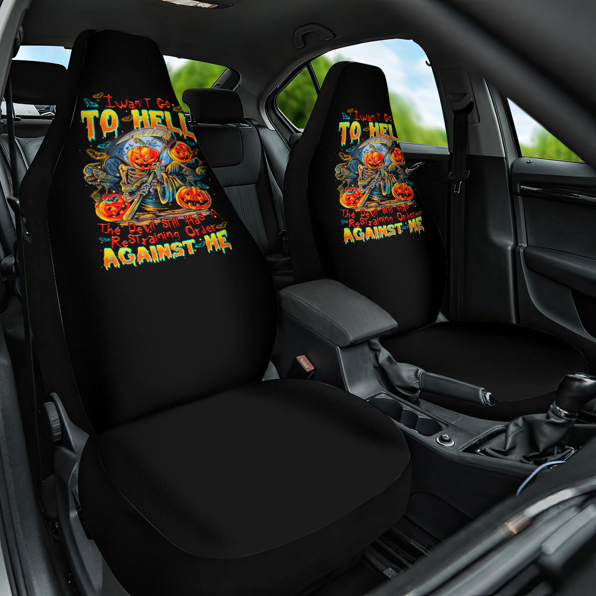 Pumpkin Skull Car Seat Cover I Wan't Go To Hell The Devil Still Restraining Against Me - Wonder Print Shop