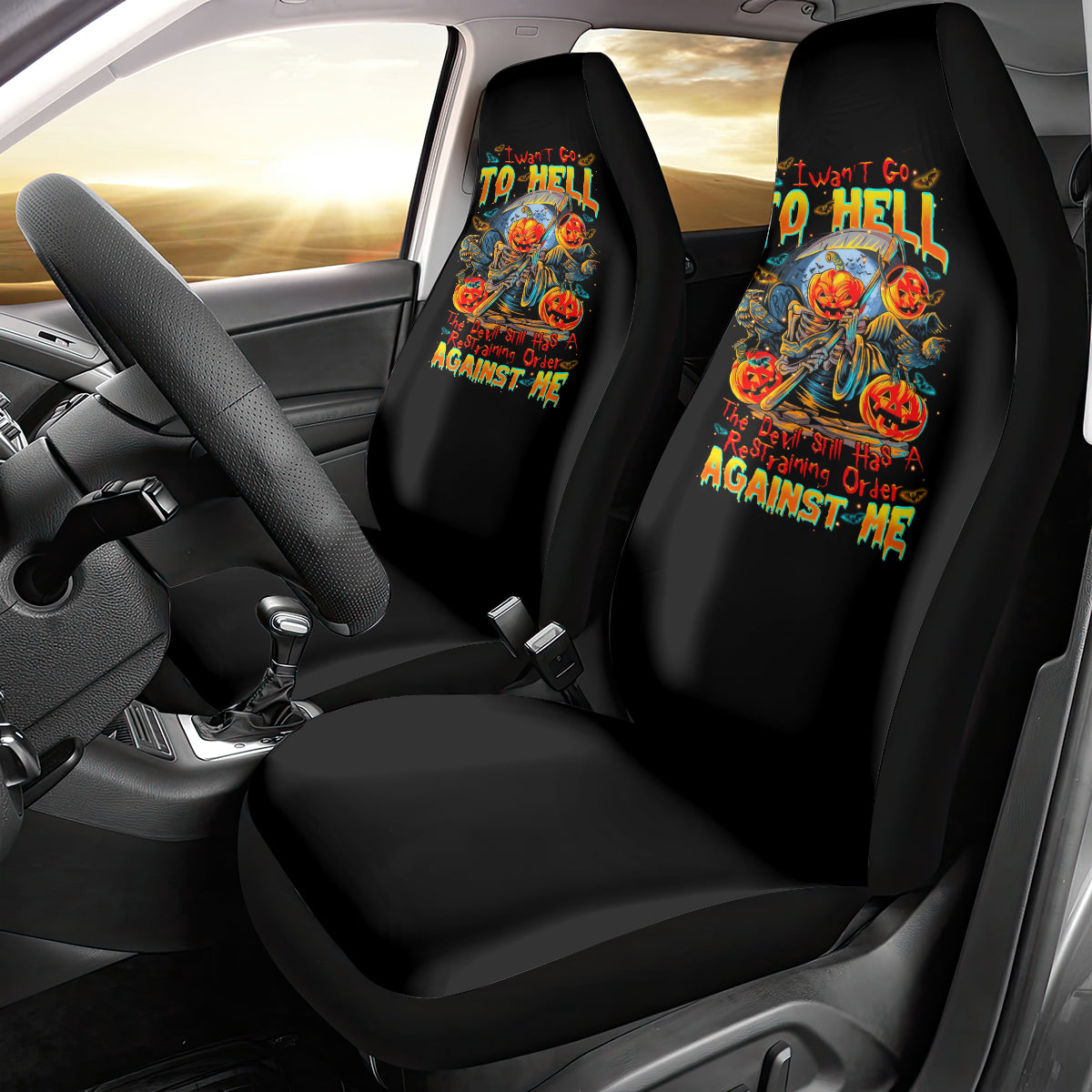 Pumpkin Skull Car Seat Cover I Wan't Go To Hell The Devil Still Restraining Against Me - Wonder Print Shop