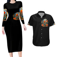 Pumpkin Skull Couples Matching Long Sleeve Bodycon Dress and Hawaiian Shirt I Wan't Go To Hell The Devil Still Restraining Against Me - Wonder Print Shop