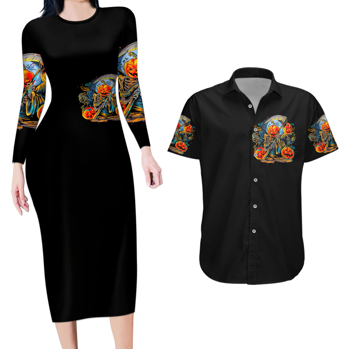 Pumpkin Skull Couples Matching Long Sleeve Bodycon Dress and Hawaiian Shirt I Wan't Go To Hell The Devil Still Restraining Against Me - Wonder Print Shop