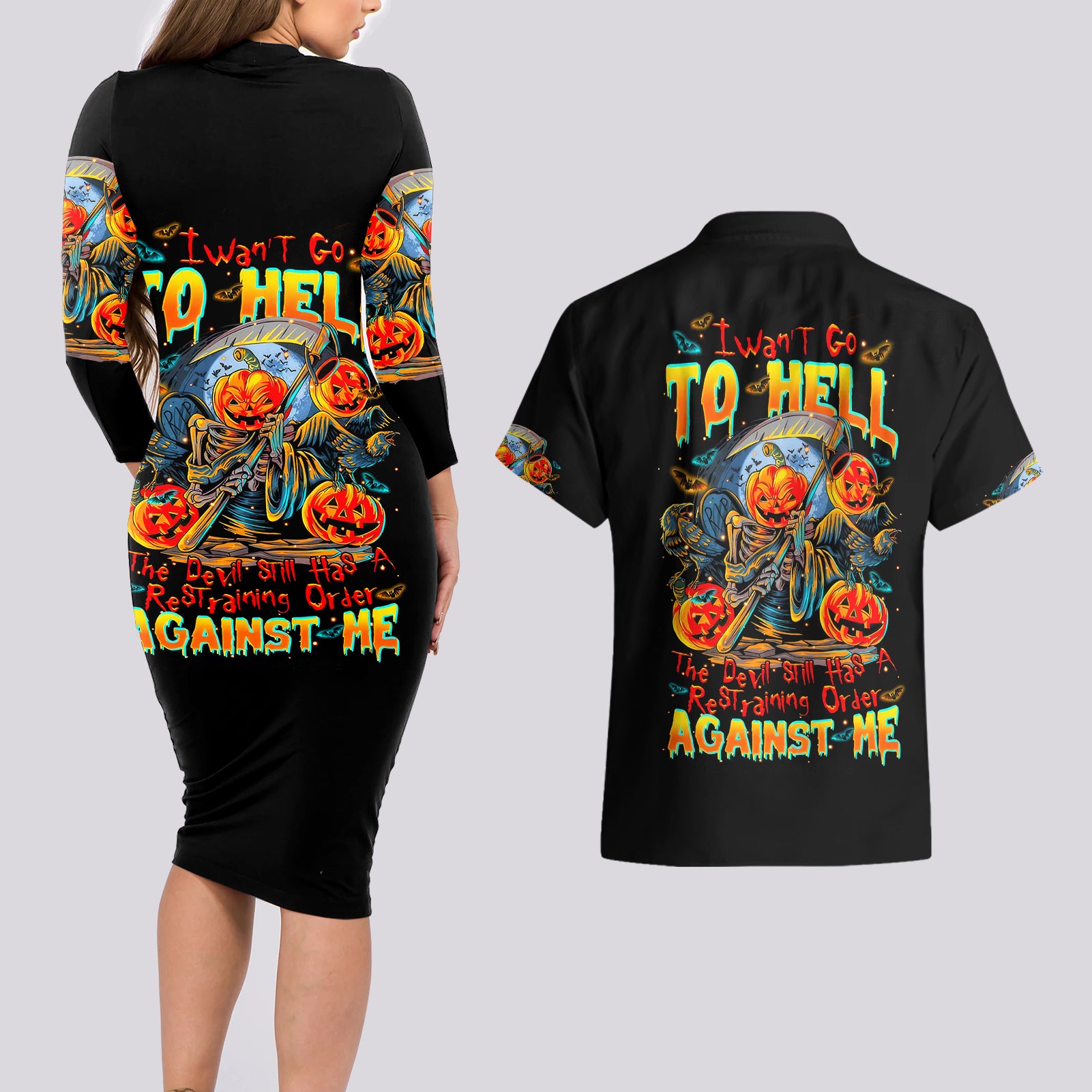 Pumpkin Skull Couples Matching Long Sleeve Bodycon Dress and Hawaiian Shirt I Wan't Go To Hell The Devil Still Restraining Against Me - Wonder Print Shop