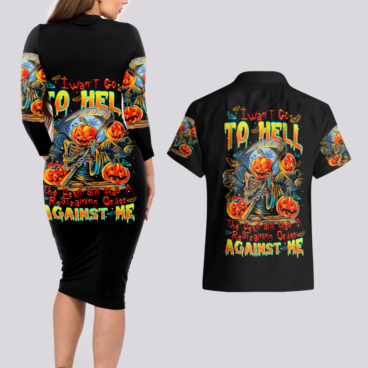Pumpkin Skull Couples Matching Long Sleeve Bodycon Dress and Hawaiian Shirt I Wan't Go To Hell The Devil Still Restraining Against Me - Wonder Print Shop