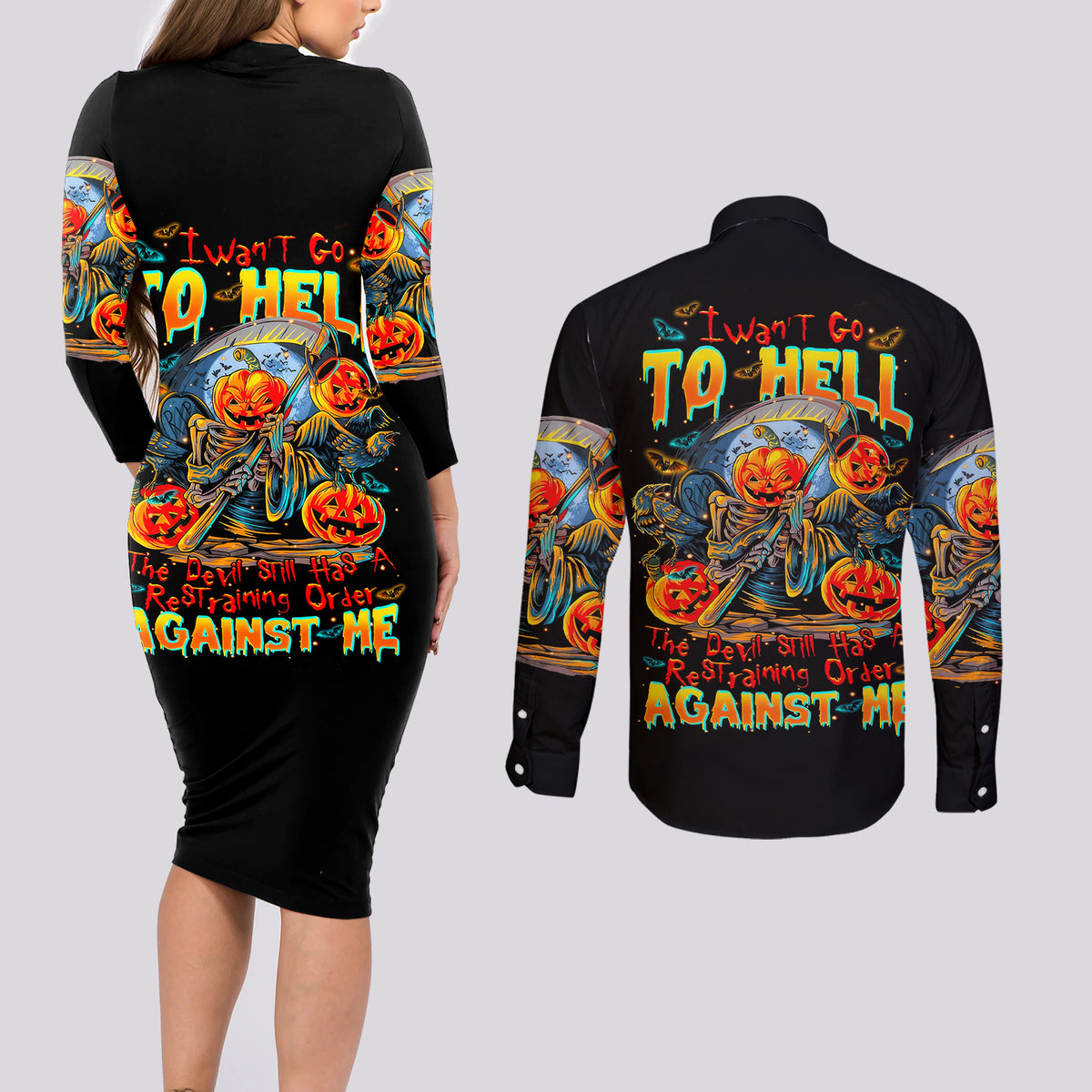 Pumpkin Skull Couples Matching Long Sleeve Bodycon Dress and Long Sleeve Button Shirts I Wan't Go To Hell The Devil Still Restraining Against Me - Wonder Print Shop