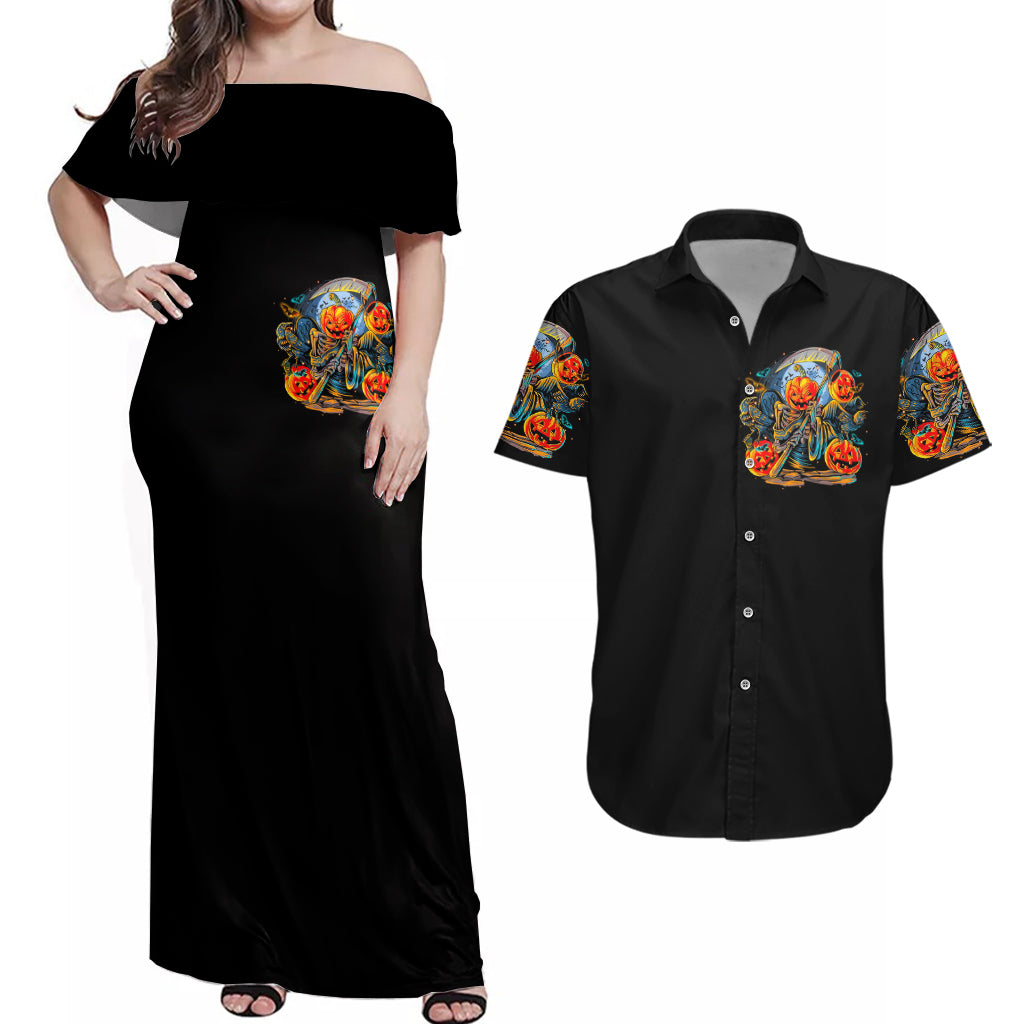 Pumpkin Skull Couples Matching Off Shoulder Maxi Dress and Hawaiian Shirt I Wan't Go To Hell The Devil Still Restraining Against Me - Wonder Print Shop