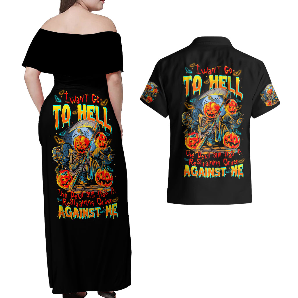 Pumpkin Skull Couples Matching Off Shoulder Maxi Dress and Hawaiian Shirt I Wan't Go To Hell The Devil Still Restraining Against Me - Wonder Print Shop