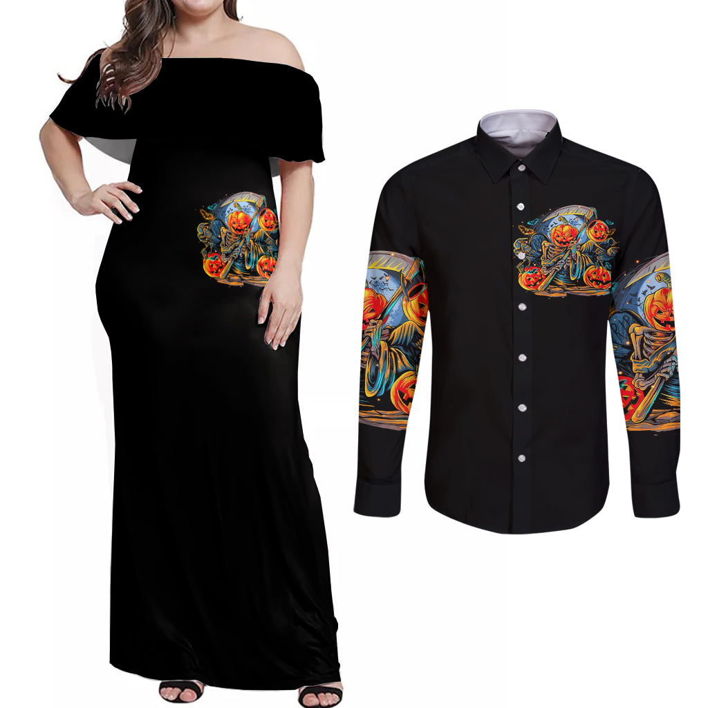 Pumpkin Skull Couples Matching Off Shoulder Maxi Dress and Long Sleeve Button Shirts I Wan't Go To Hell The Devil Still Restraining Against Me - Wonder Print Shop