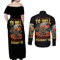 Pumpkin Skull Couples Matching Off Shoulder Maxi Dress and Long Sleeve Button Shirts I Wan't Go To Hell The Devil Still Restraining Against Me - Wonder Print Shop