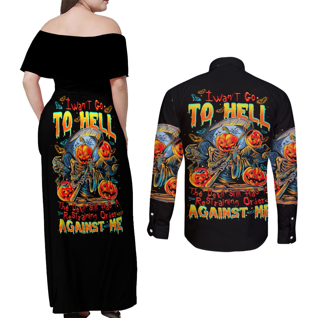 Pumpkin Skull Couples Matching Off Shoulder Maxi Dress and Long Sleeve Button Shirts I Wan't Go To Hell The Devil Still Restraining Against Me - Wonder Print Shop