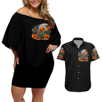 Pumpkin Skull Couples Matching Off Shoulder Short Dress and Hawaiian Shirt I Wan't Go To Hell The Devil Still Restraining Against Me - Wonder Print Shop