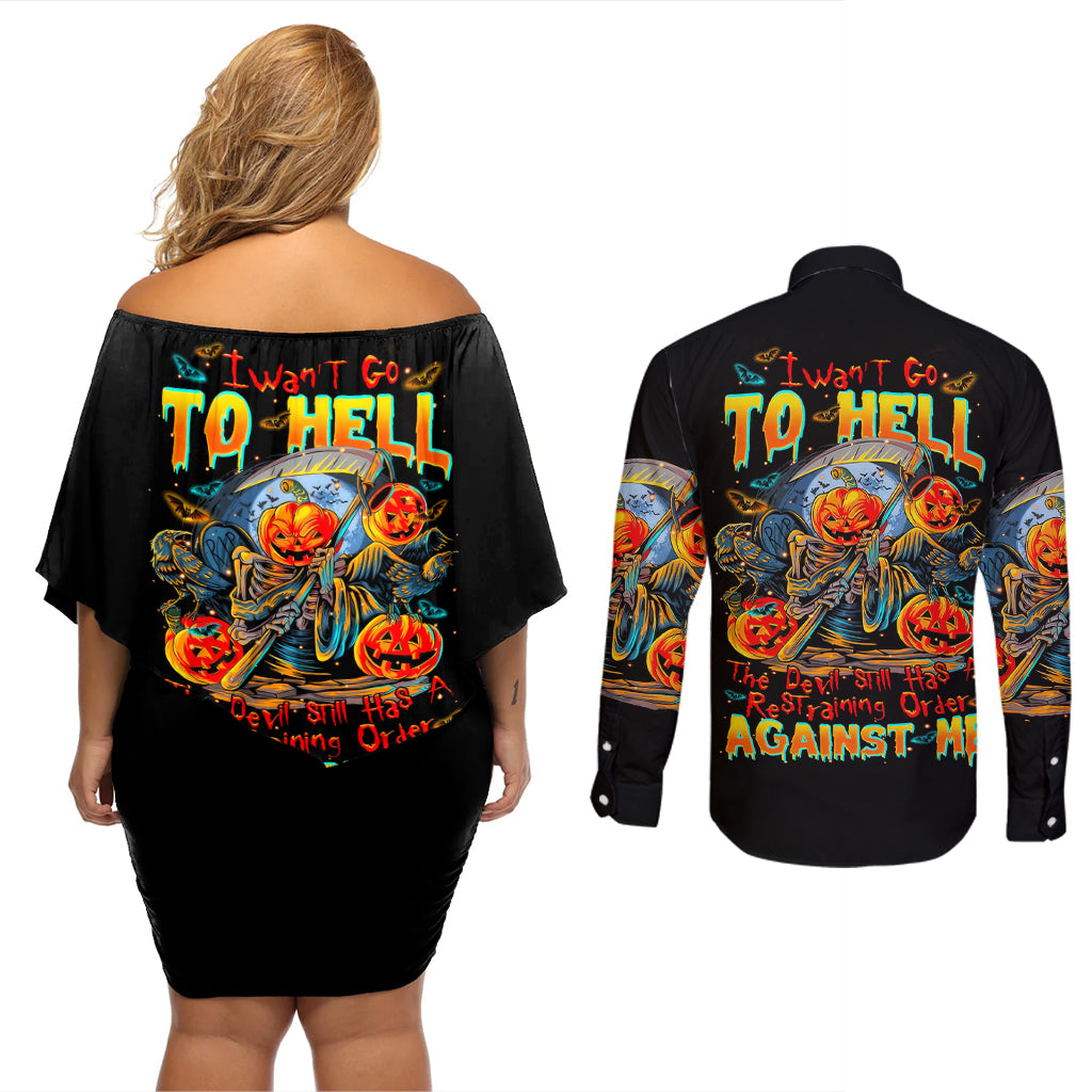 Pumpkin Skull Couples Matching Off Shoulder Short Dress and Long Sleeve Button Shirts I Wan't Go To Hell The Devil Still Restraining Against Me - Wonder Print Shop