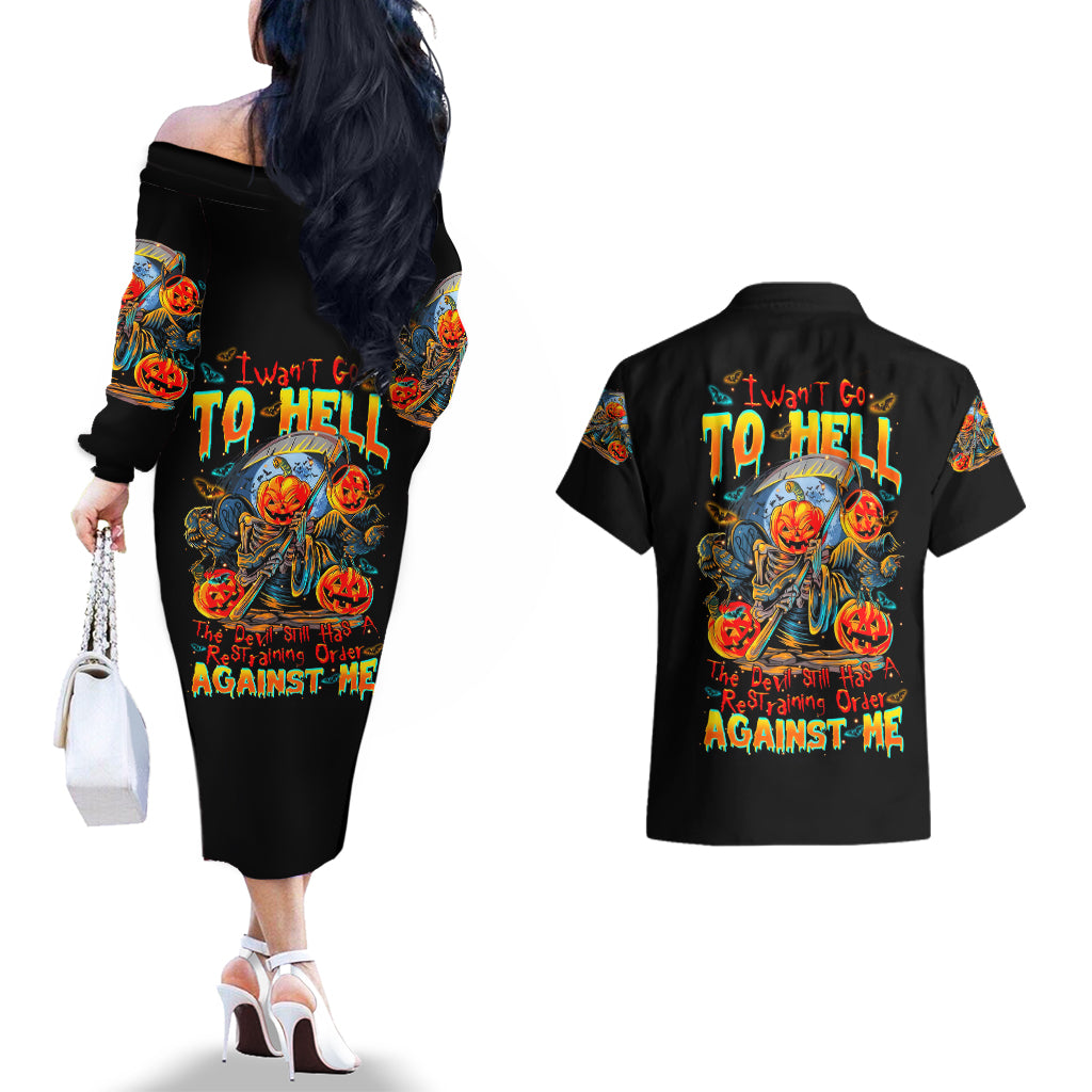 Pumpkin Skull Couples Matching Off The Shoulder Long Sleeve Dress and Hawaiian Shirt I Wan't Go To Hell The Devil Still Restraining Against Me - Wonder Print Shop