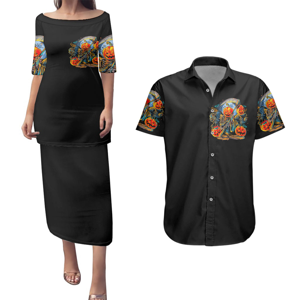 Pumpkin Skull Couples Matching Puletasi Dress and Hawaiian Shirt I Wan't Go To Hell The Devil Still Restraining Against Me - Wonder Print Shop