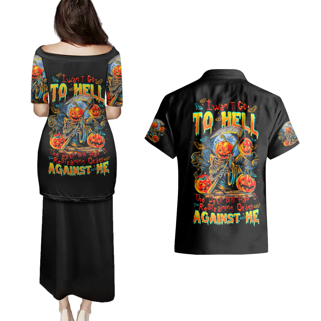 Pumpkin Skull Couples Matching Puletasi Dress and Hawaiian Shirt I Wan't Go To Hell The Devil Still Restraining Against Me - Wonder Print Shop