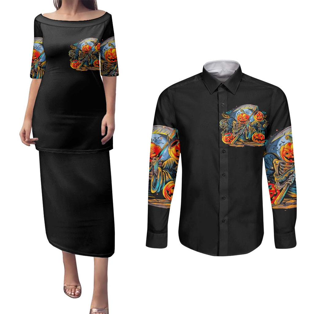 Pumpkin Skull Couples Matching Puletasi Dress and Long Sleeve Button Shirts I Wan't Go To Hell The Devil Still Restraining Against Me - Wonder Print Shop