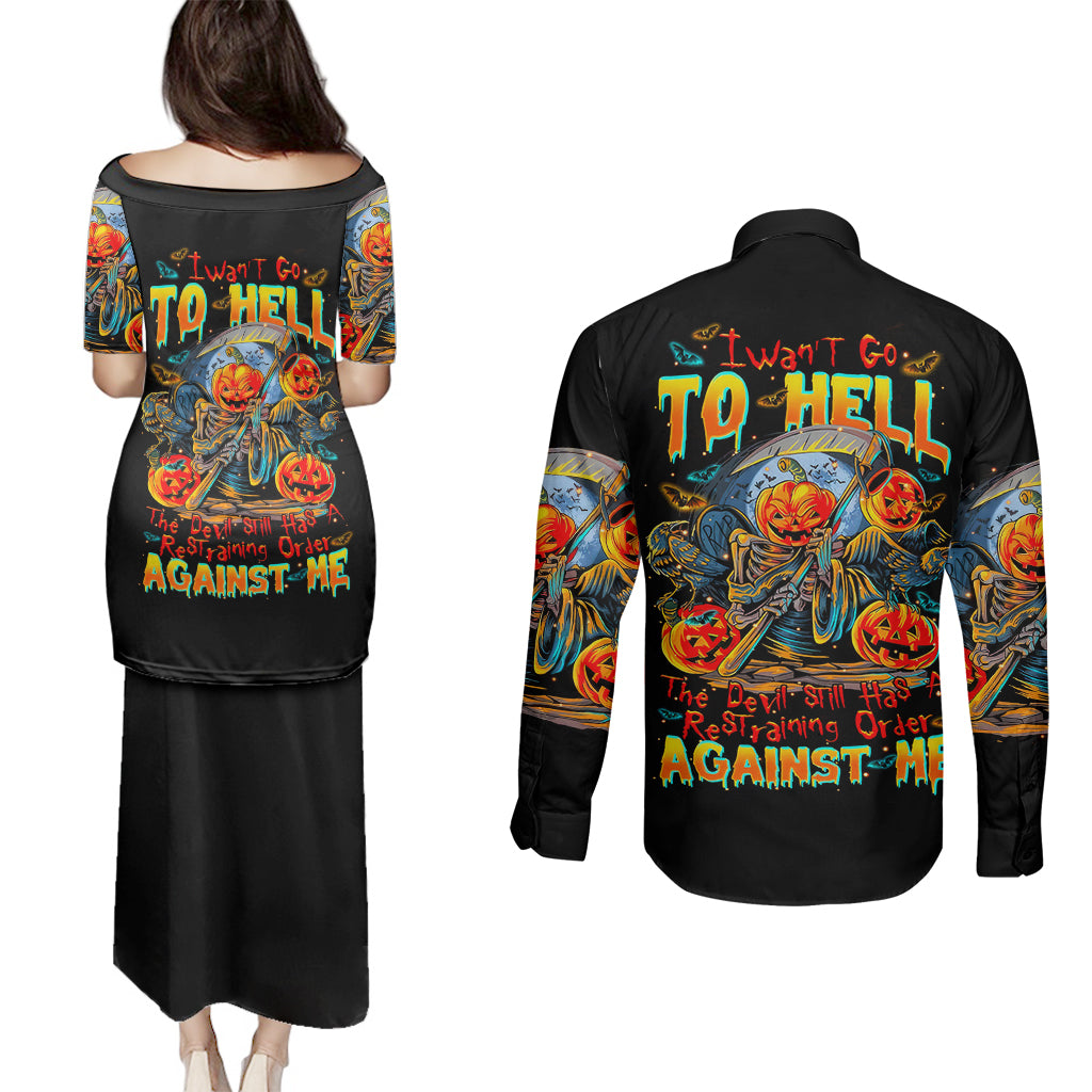 Pumpkin Skull Couples Matching Puletasi Dress and Long Sleeve Button Shirts I Wan't Go To Hell The Devil Still Restraining Against Me - Wonder Print Shop