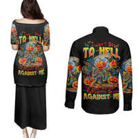 Pumpkin Skull Couples Matching Puletasi Dress and Long Sleeve Button Shirts I Wan't Go To Hell The Devil Still Restraining Against Me - Wonder Print Shop