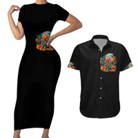 Pumpkin Skull Couples Matching Short Sleeve Bodycon Dress and Hawaiian Shirt I Wan't Go To Hell The Devil Still Restraining Against Me - Wonder Print Shop