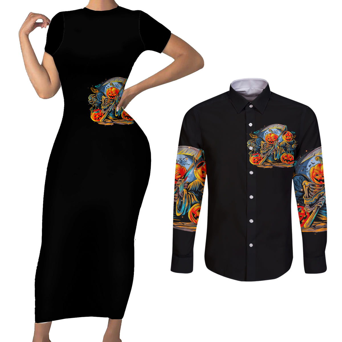 Pumpkin Skull Couples Matching Short Sleeve Bodycon Dress and Long Sleeve Button Shirts I Wan't Go To Hell The Devil Still Restraining Against Me - Wonder Print Shop