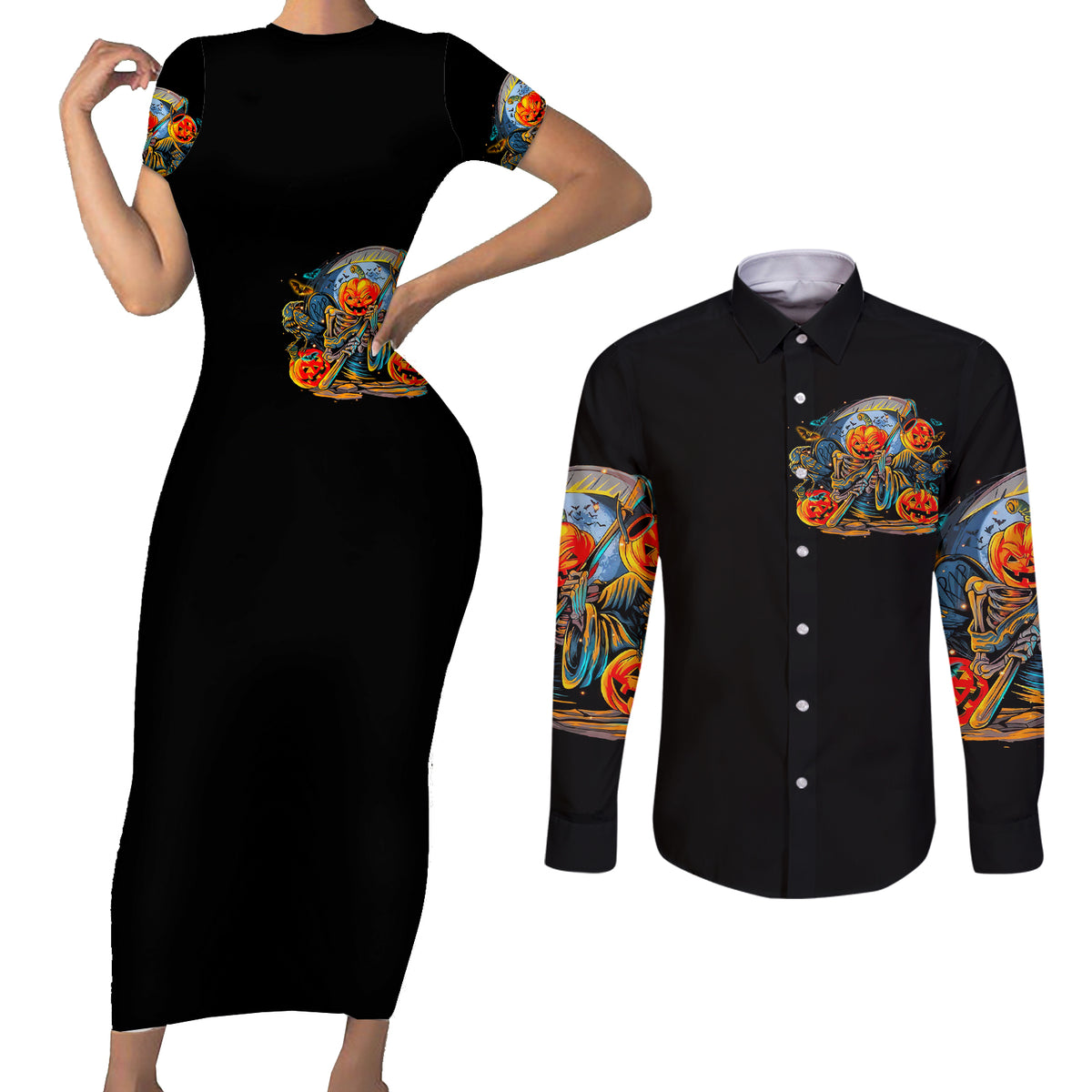 Pumpkin Skull Couples Matching Short Sleeve Bodycon Dress and Long Sleeve Button Shirts I Wan't Go To Hell The Devil Still Restraining Against Me - Wonder Print Shop