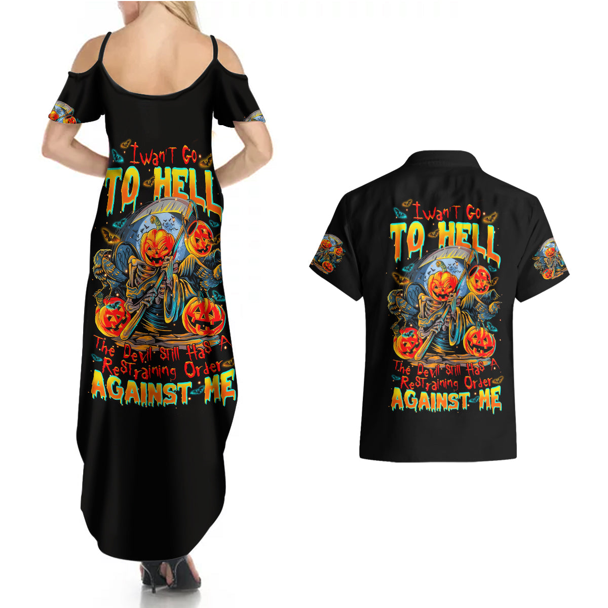 Pumpkin Skull Couples Matching Summer Maxi Dress and Hawaiian Shirt I Wan't Go To Hell The Devil Still Restraining Against Me - Wonder Print Shop