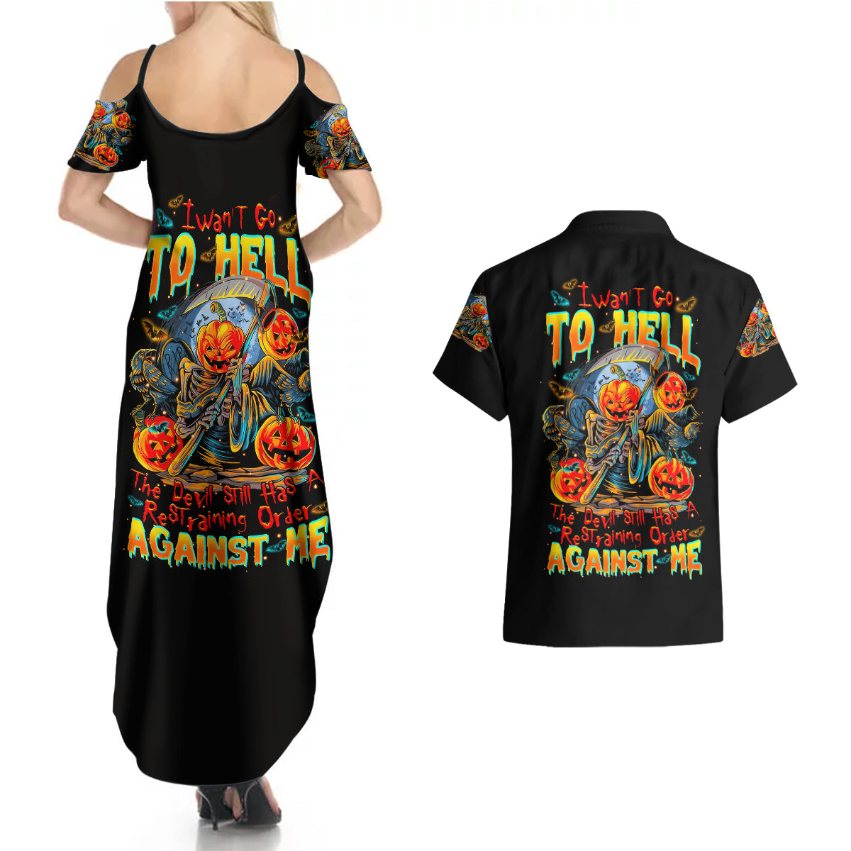 Pumpkin Skull Couples Matching Summer Maxi Dress and Hawaiian Shirt I Wan't Go To Hell The Devil Still Restraining Against Me - Wonder Print Shop