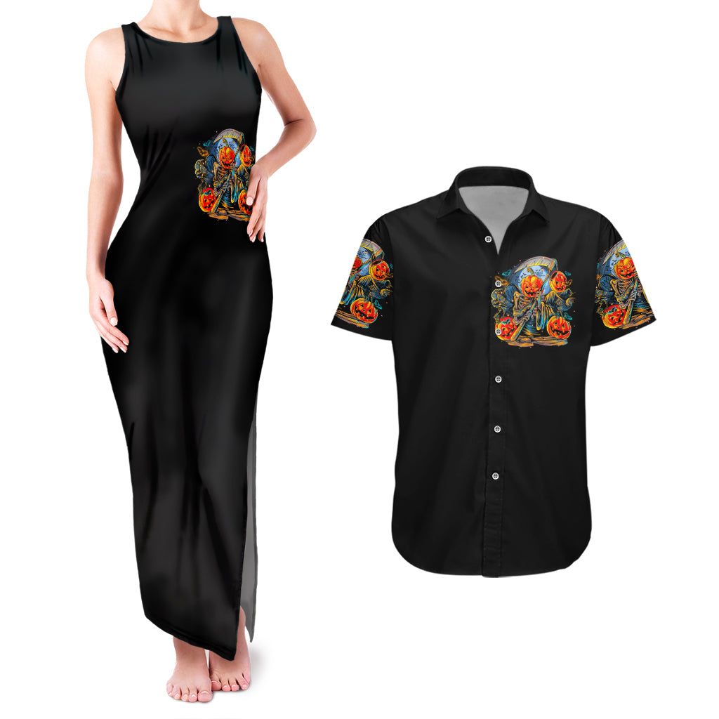 Pumpkin Skull Couples Matching Tank Maxi Dress and Hawaiian Shirt I Wan't Go To Hell The Devil Still Restraining Against Me - Wonder Print Shop