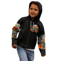 Black zip hoodie on model with front pumpkin skull devil chest graphic and drawstring hood