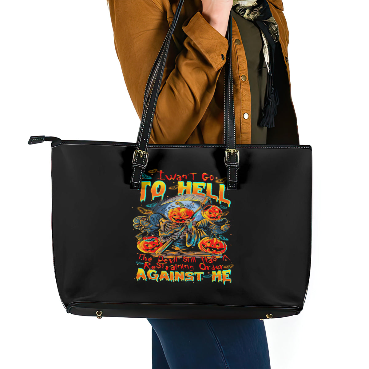 Pumpkin Skull Leather Tote Bag I Wan't Go To Hell The Devil Still Restraining Against Me - Wonder Print Shop