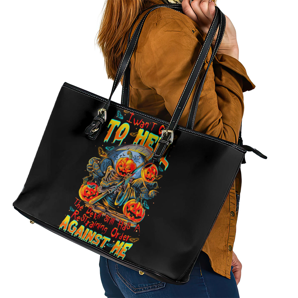 Pumpkin Skull Leather Tote Bag I Wan't Go To Hell The Devil Still Restraining Against Me - Wonder Print Shop