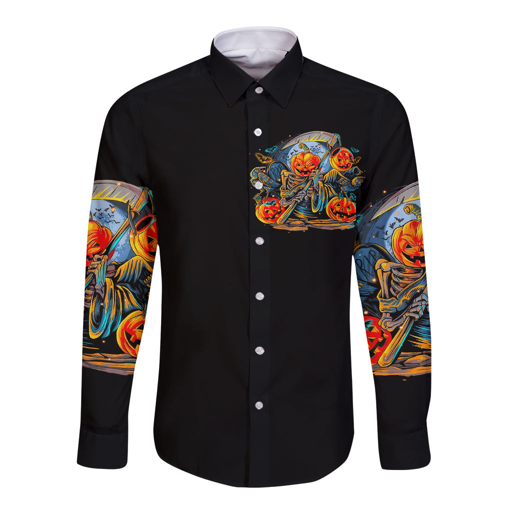 Pumpkin Skull Long Sleeve Button Shirt I Wan't Go To Hell The Devil Still Restraining Against Me - Wonder Print Shop