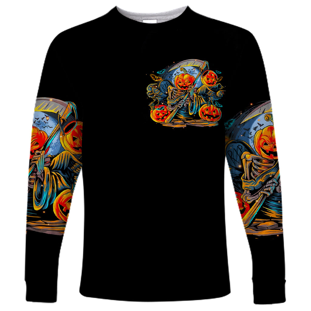 Pumpkin Skull Long Sleeve Shirt I Wan't Go To Hell The Devil Still Restraining Against Me - Wonder Print Shop