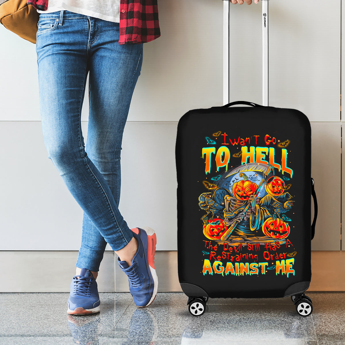 Pumpkin Skull Luggage Cover I Wan't Go To Hell The Devil Still Restraining Against Me - Wonder Print Shop