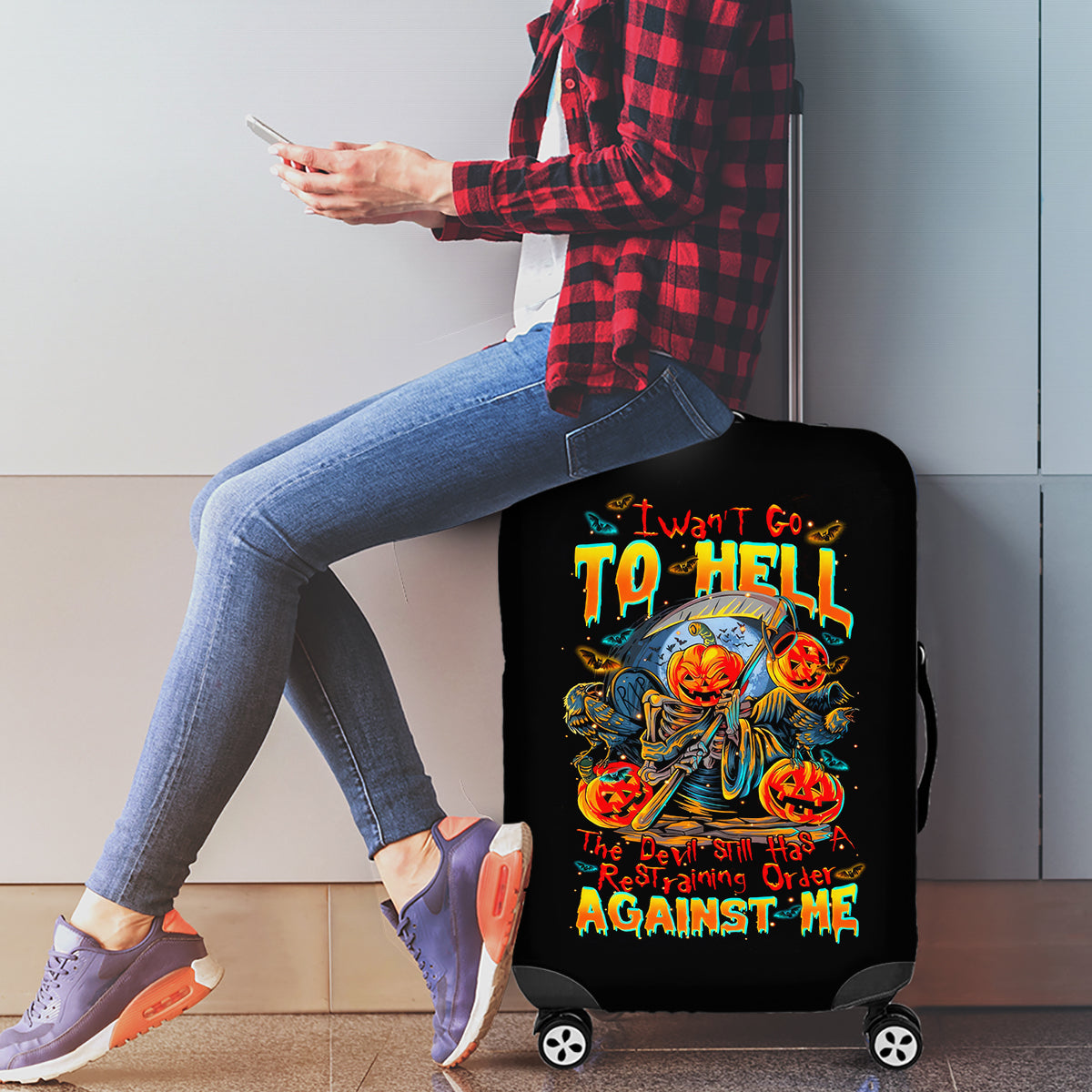 Pumpkin Skull Luggage Cover I Wan't Go To Hell The Devil Still Restraining Against Me - Wonder Print Shop