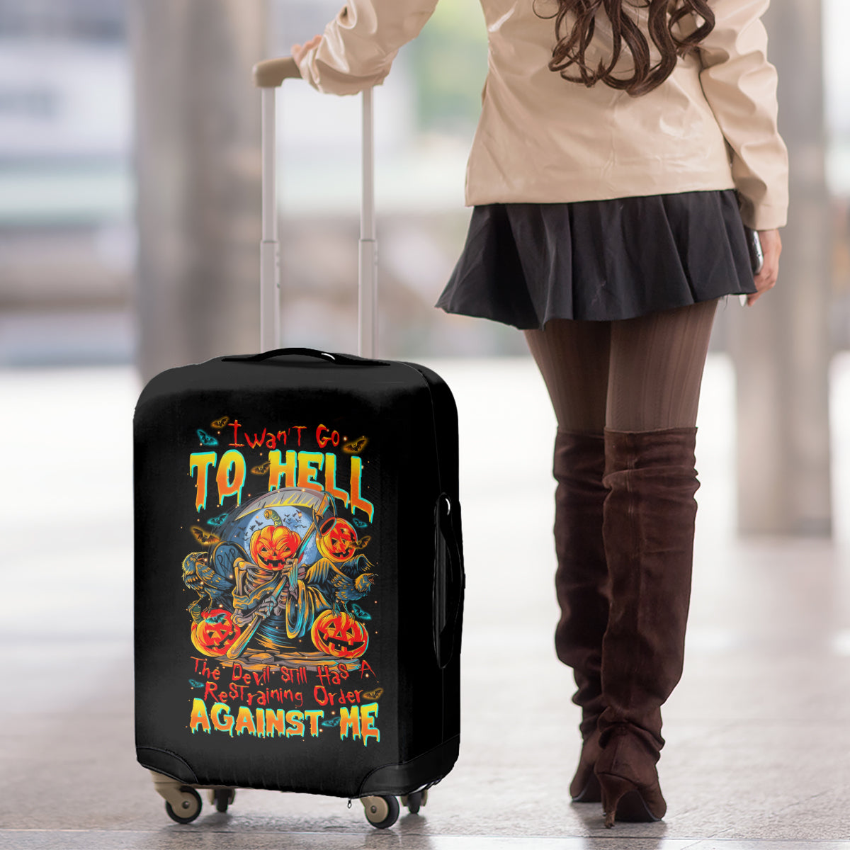 Pumpkin Skull Luggage Cover I Wan't Go To Hell The Devil Still Restraining Against Me - Wonder Print Shop