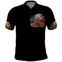 Pumpkin Skull Polo Shirt I Wan't Go To Hell The Devil Still Restraining Against Me - Wonder Print Shop