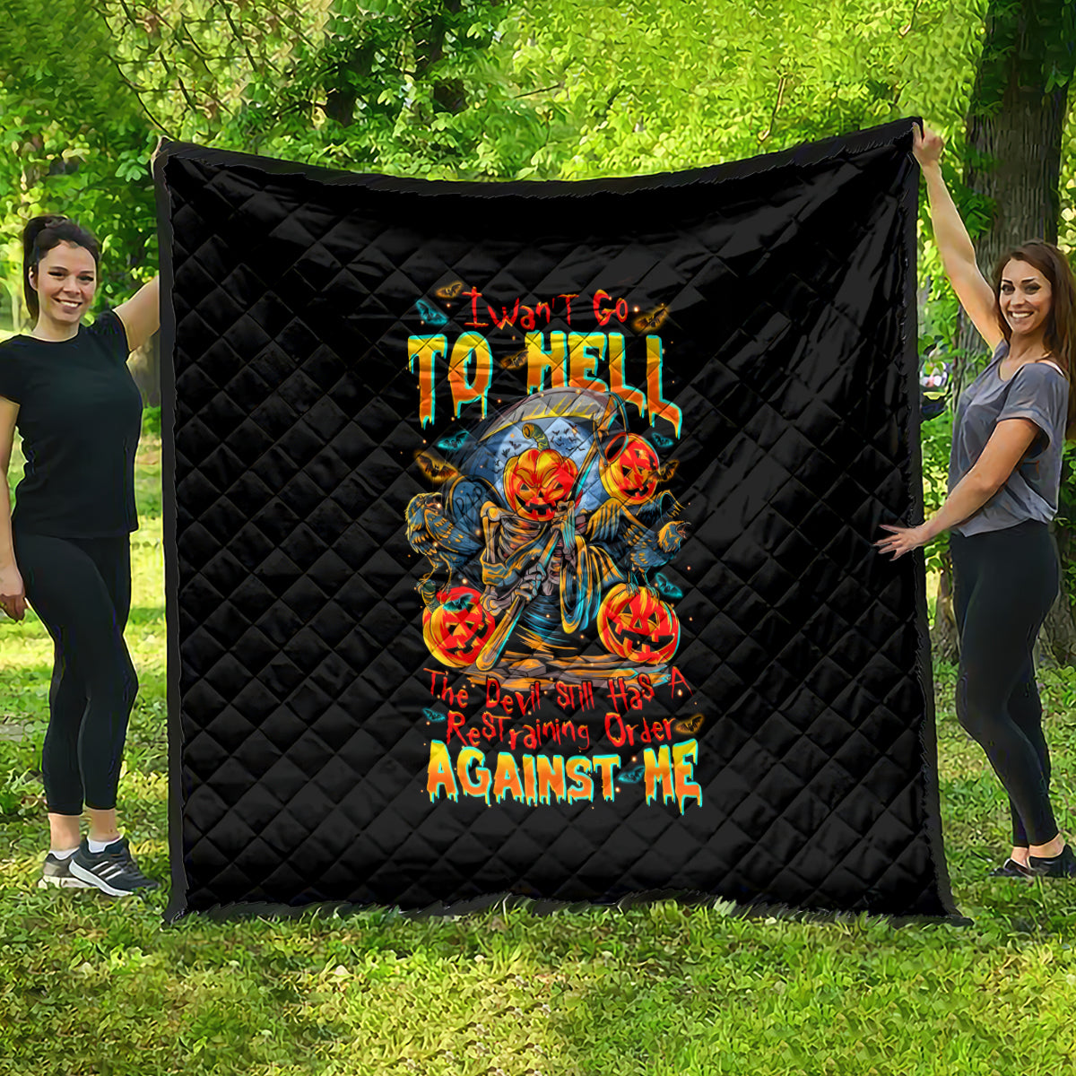 Pumpkin Skull Quilt I Wan't Go To Hell The Devil Still Restraining Against Me - Wonder Print Shop