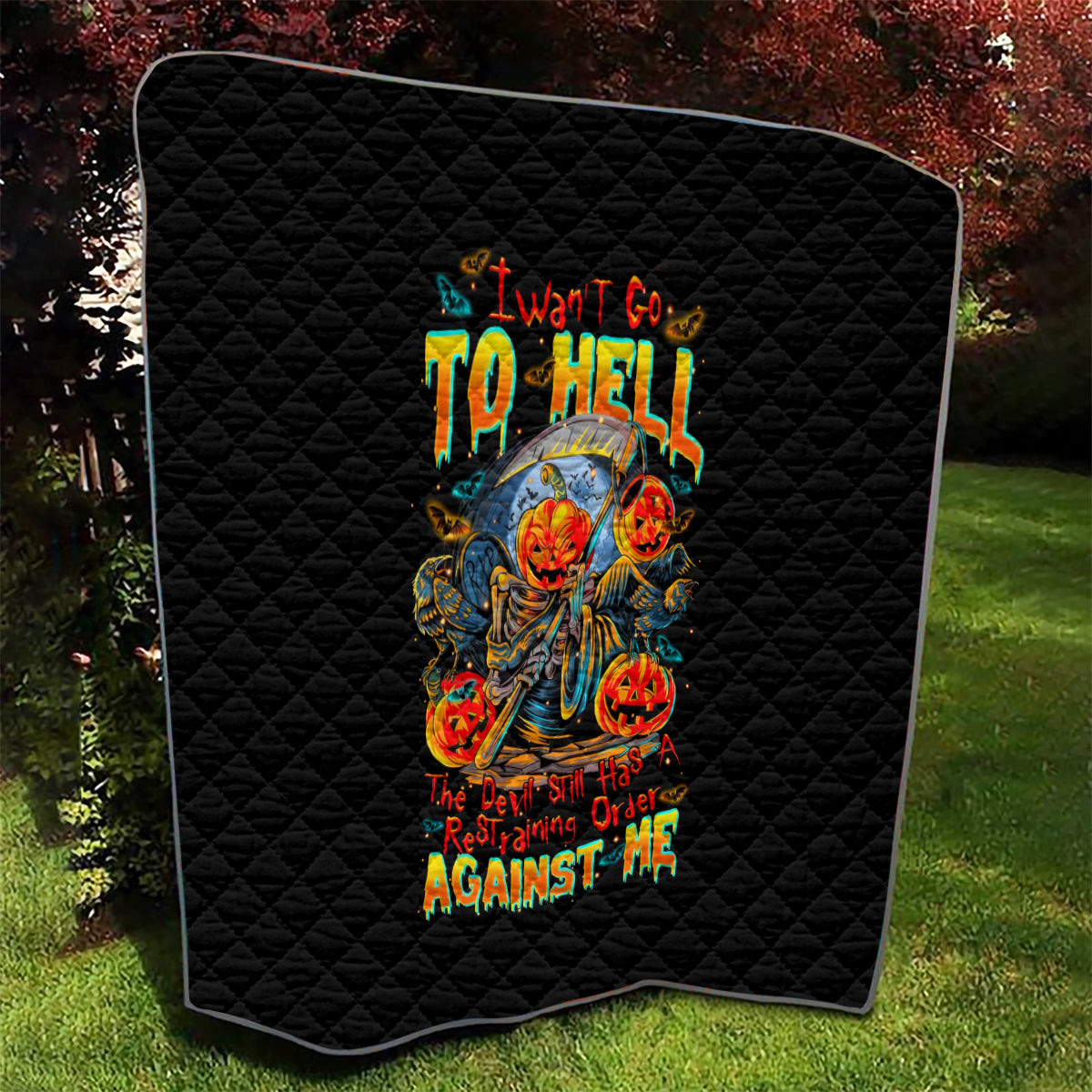 Pumpkin Skull Quilt I Wan't Go To Hell The Devil Still Restraining Against Me - Wonder Print Shop